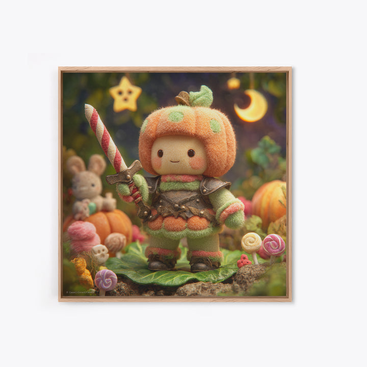 The Pumpkin Knight, Plush Halloween Art, Square Wall Art, Canvas Print, Cute Halloween Wall Art, Halloween Kids Decor