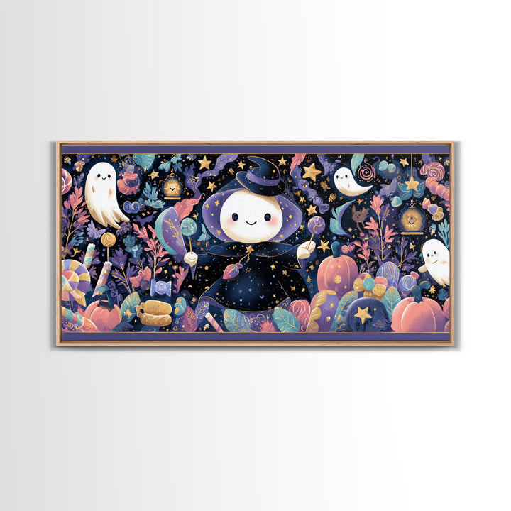 The Star-Cape Magician, Kawaii Halloween Art, Wide Panoramic Art, Framed Canvas Print, Cute Halloween Wall Art