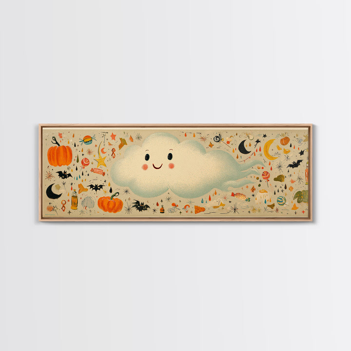 The Cloud Ghost, Retro Halloween Art, Extra Wide Wall Art, Canvas Print, Cute Halloween Wall Art, Cozy Autumn Kids Decor