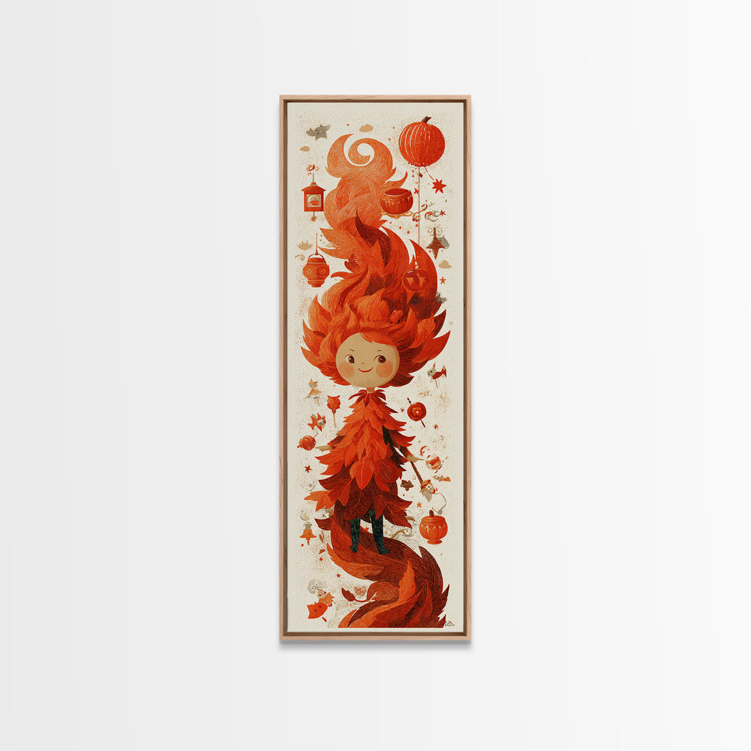 The Autumn Leaf Sprite, Screenprint Halloween Art, Tall Narrow Wall Art, Framed Canvas Print, Cute Halloween Wall Art