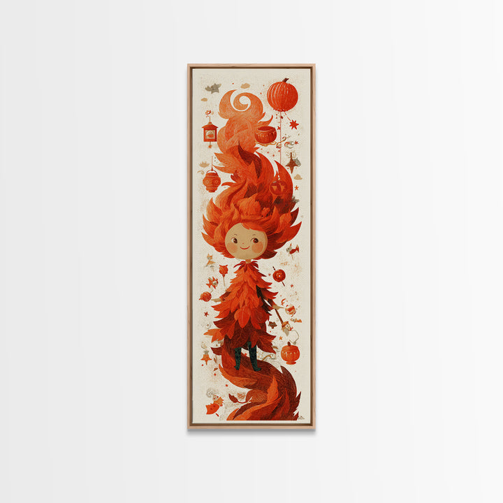 The Autumn Leaf Sprite, Screenprint Halloween Art, Tall Narrow Wall Art, Framed Canvas Print, Cute Halloween Wall Art