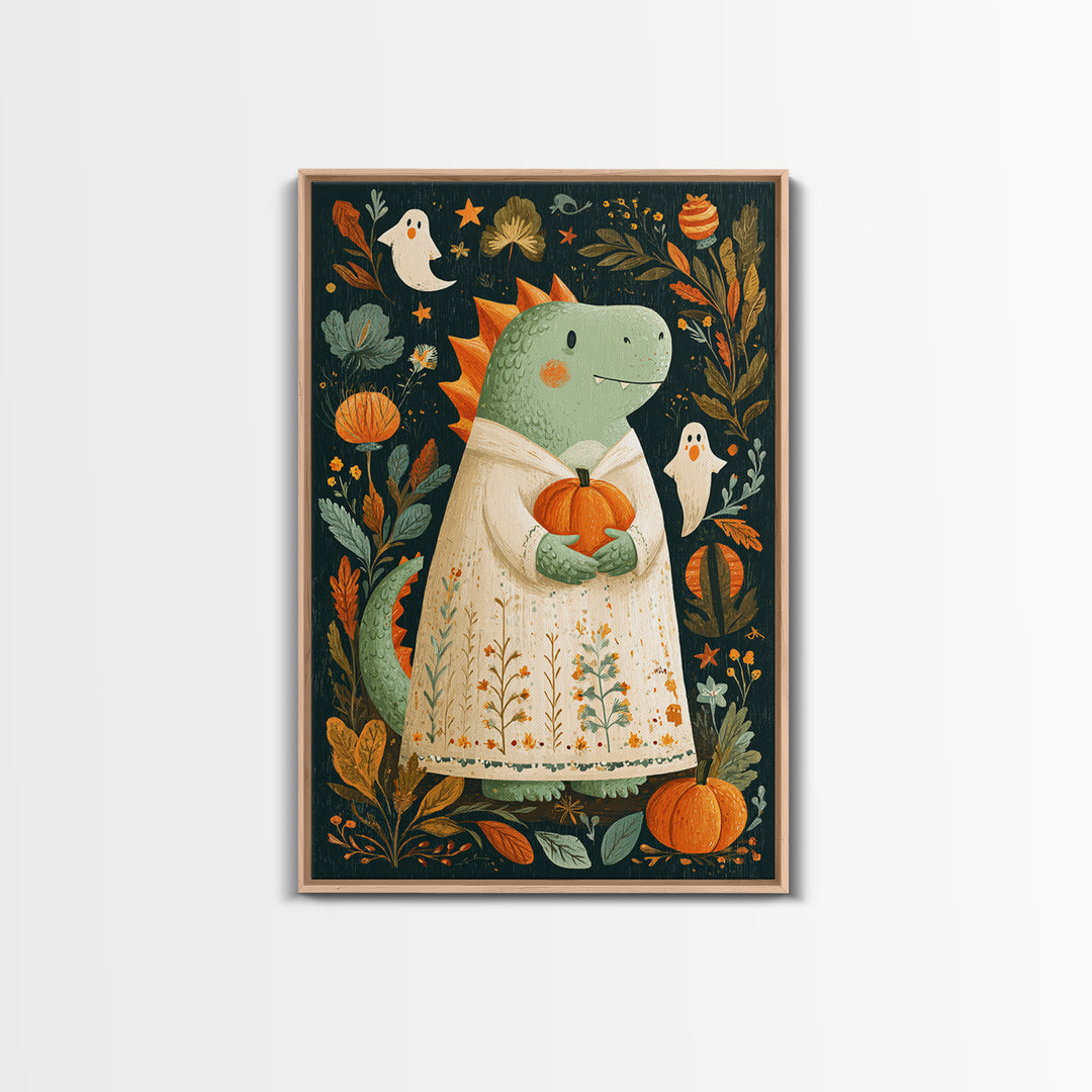 The Sleepy Costume Dragon, Folk Halloween Art, Vertical Wall Art, Canvas Print, Cute Halloween Wall Art