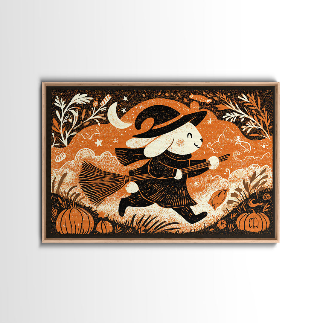The Bunny Witch, Linocut Halloween Art, Landscape Wall Art, Framed Canvas Print, Cute Halloween Wall Art