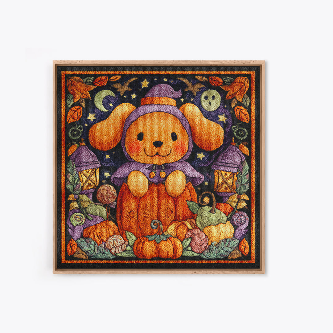 The Pumpkin Puppy, Embroidered Halloween Art, Square Wall Art, Canvas Print, Cute Halloween Wall Art