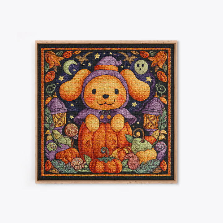 The Pumpkin Puppy, Embroidered Halloween Art, Square Wall Art, Canvas Print, Cute Halloween Wall Art