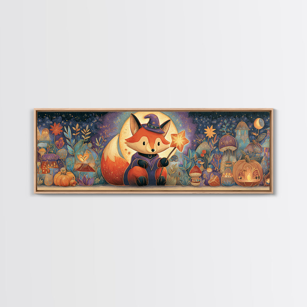 The Fox Wizard, Stained Glass Halloween, Extra Wide Wall Art, Canvas Print, Cute Halloween Wall Art, Cozy Autumn Kids Decor