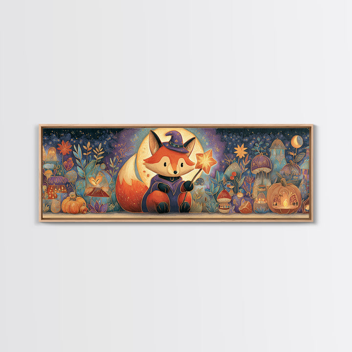 The Fox Wizard, Stained Glass Halloween, Extra Wide Wall Art, Canvas Print, Cute Halloween Wall Art, Cozy Autumn Kids Decor