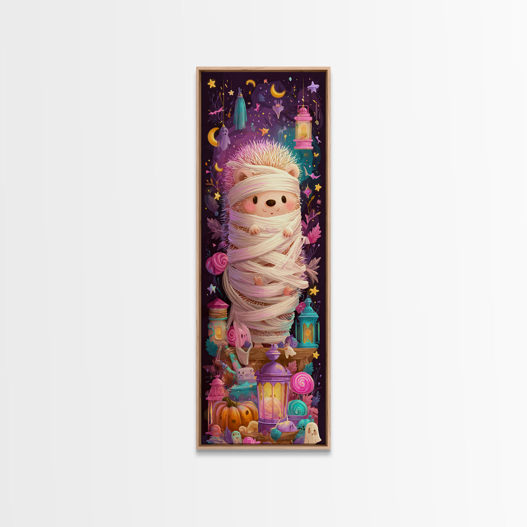 The Hedgehog Mummy, Vaporwave Halloween Art, Tall Narrow Wall Art, Framed Canvas Print, Cute Halloween Wall Art