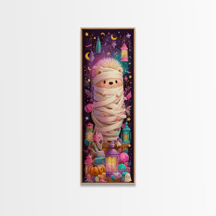 The Hedgehog Mummy, Vaporwave Halloween Art, Tall Narrow Wall Art, Framed Canvas Print, Cute Halloween Wall Art