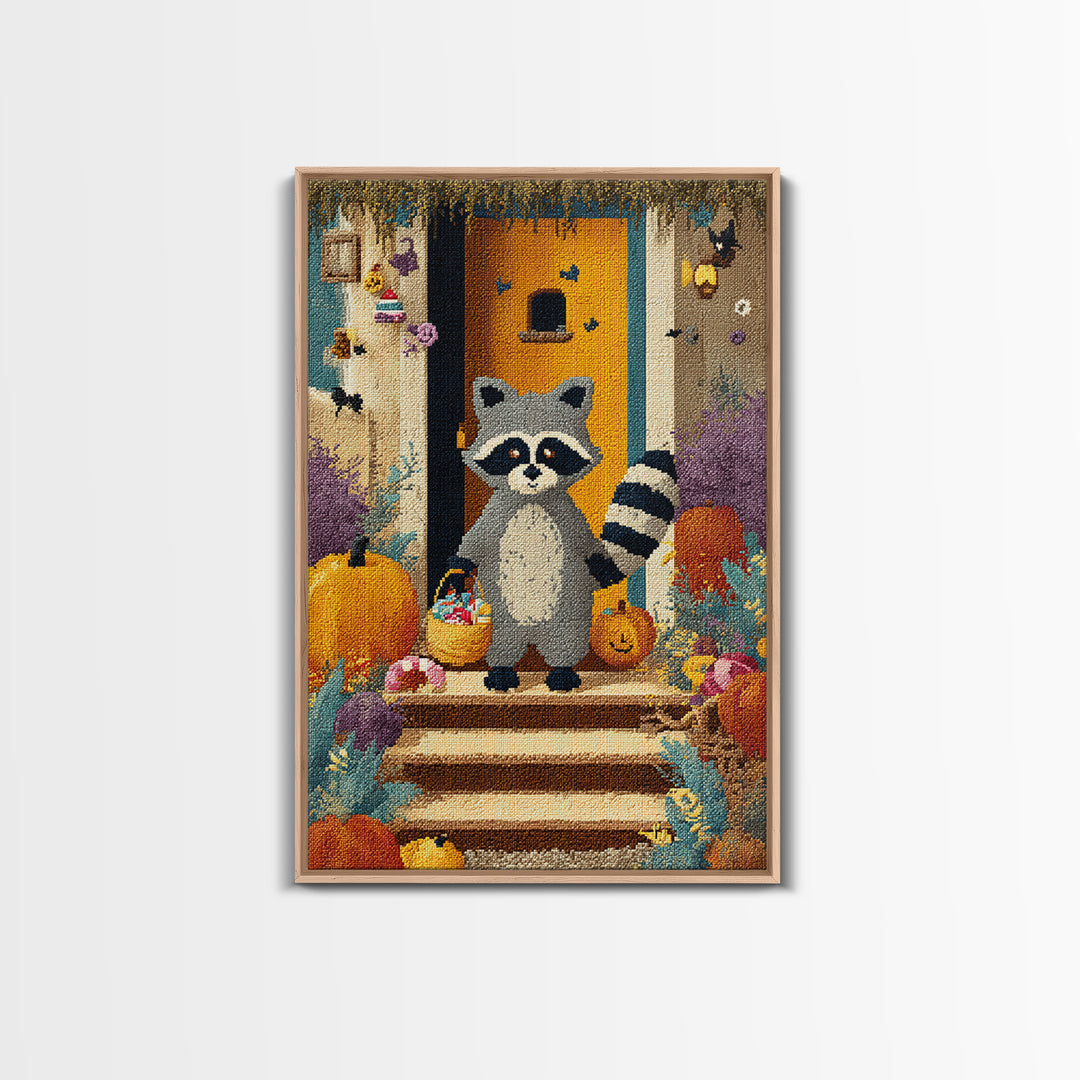 The Raccoon Trick-Or-Treater, Pixel Halloween Art, Vertical Wall Art, Canvas Print, Cute Halloween Wall Art