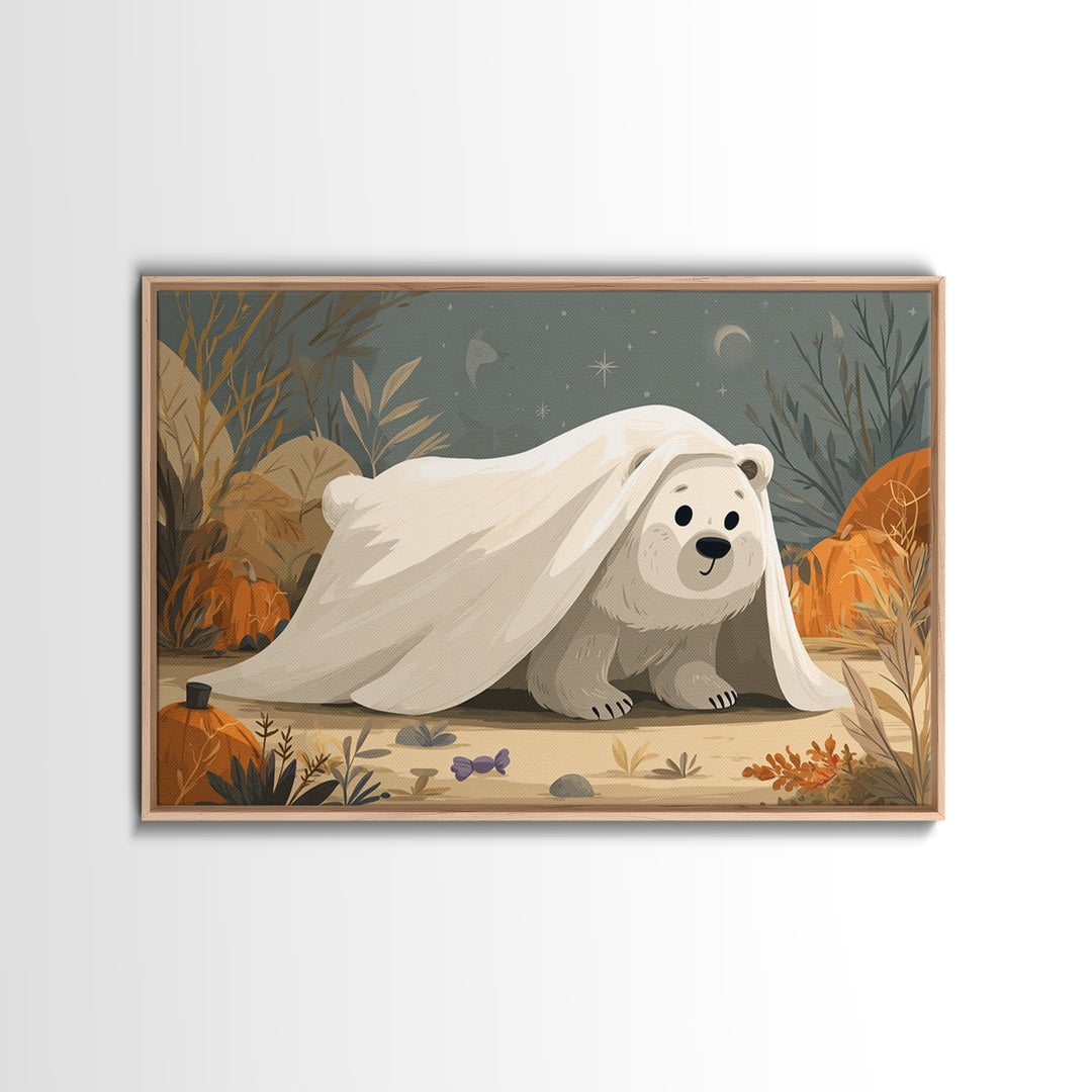 The Bear Cub Ghost, Vector Halloween Art, Landscape Wall Art, Framed Canvas Print, Cute Halloween Wall Art