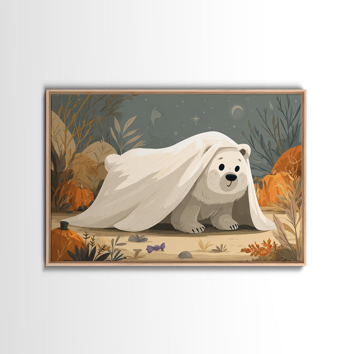 The Bear Cub Ghost, Vector Halloween Art, Landscape Wall Art, Framed Canvas Print, Cute Halloween Wall Art
