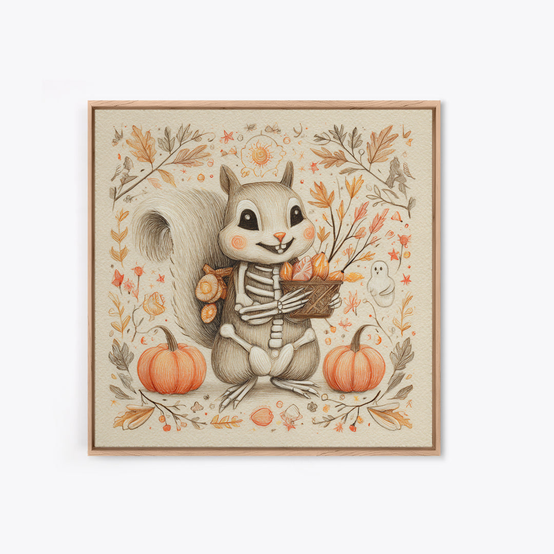 The Squirrel Skeleton, Hand Sketch Halloween Art, Square Wall Art, Canvas Print, Cute Halloween Wall Art