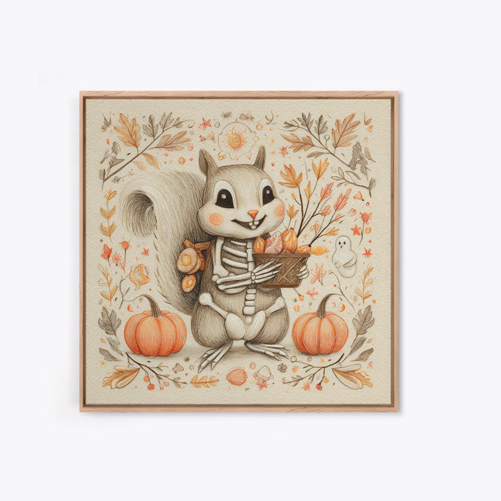 The Squirrel Skeleton, Hand Sketch Halloween Art, Square Wall Art, Canvas Print, Cute Halloween Wall Art