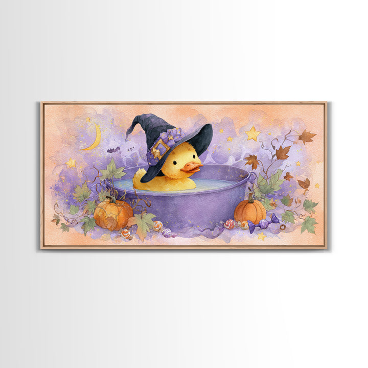 The Duckling Witch, Watercolor Halloween Art, Wide Panoramic Art, Framed Canvas Print, Cute Halloween Wall Art