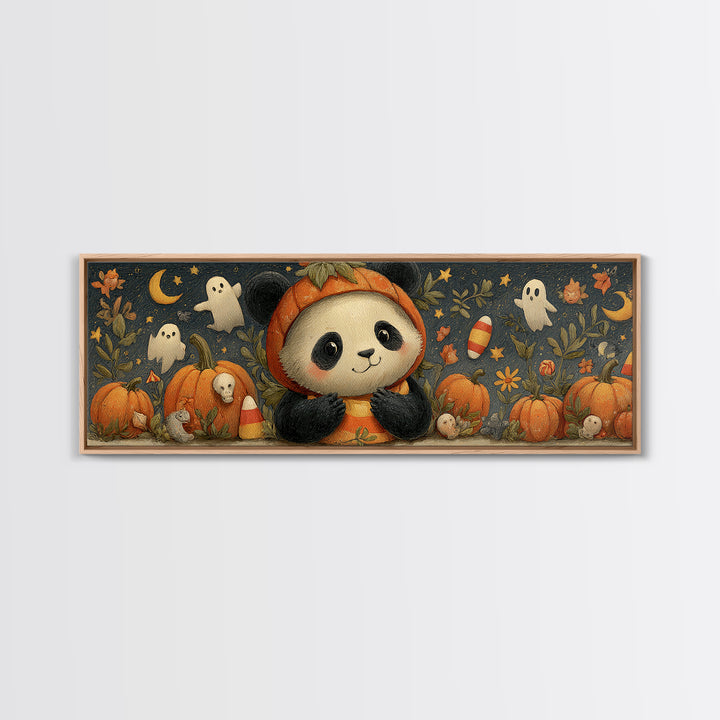 The Panda Pumpkin, Gouache Halloween Art, Extra Wide Wall Art, Canvas Print, Cute Halloween Wall Art