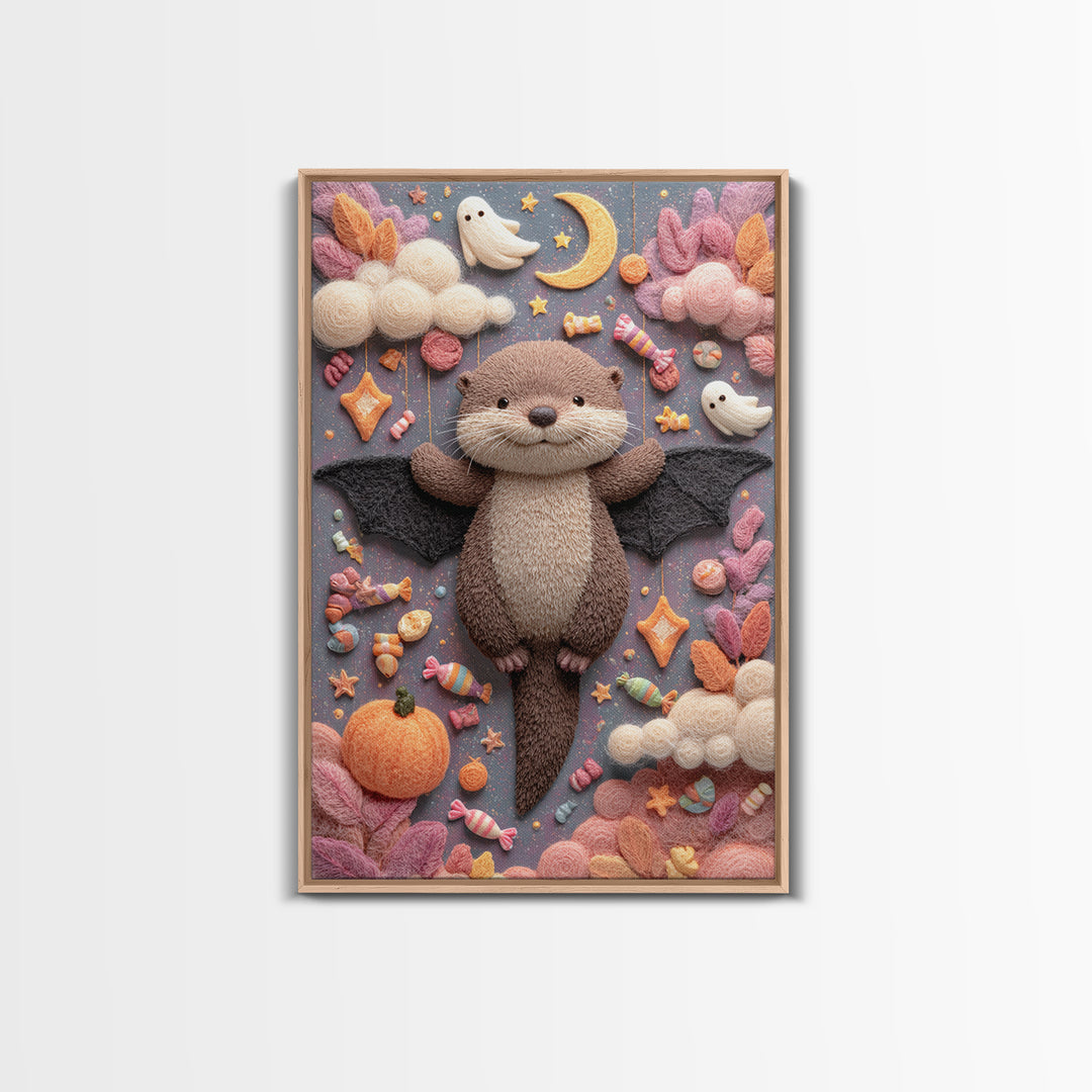 The Bat-Winged Otter, Pastel Halloween Art, Vertical Wall Art, Canvas Print, Cute Halloween Wall Art