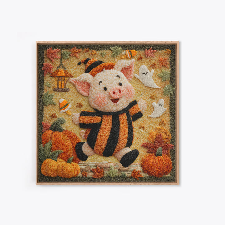 The Candy Corn Piglet, Felt Halloween Art, Square Wall Art, Canvas Print, Cute Halloween Wall Art, Halloween Kids Decor