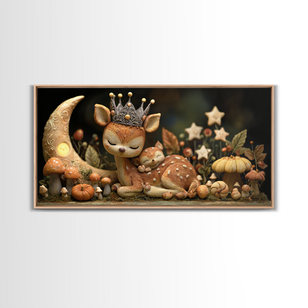 The Moon Princess Deer, Clay Halloween Art, Wide Panoramic Art, Framed Canvas Print, Cute Halloween Wall Art