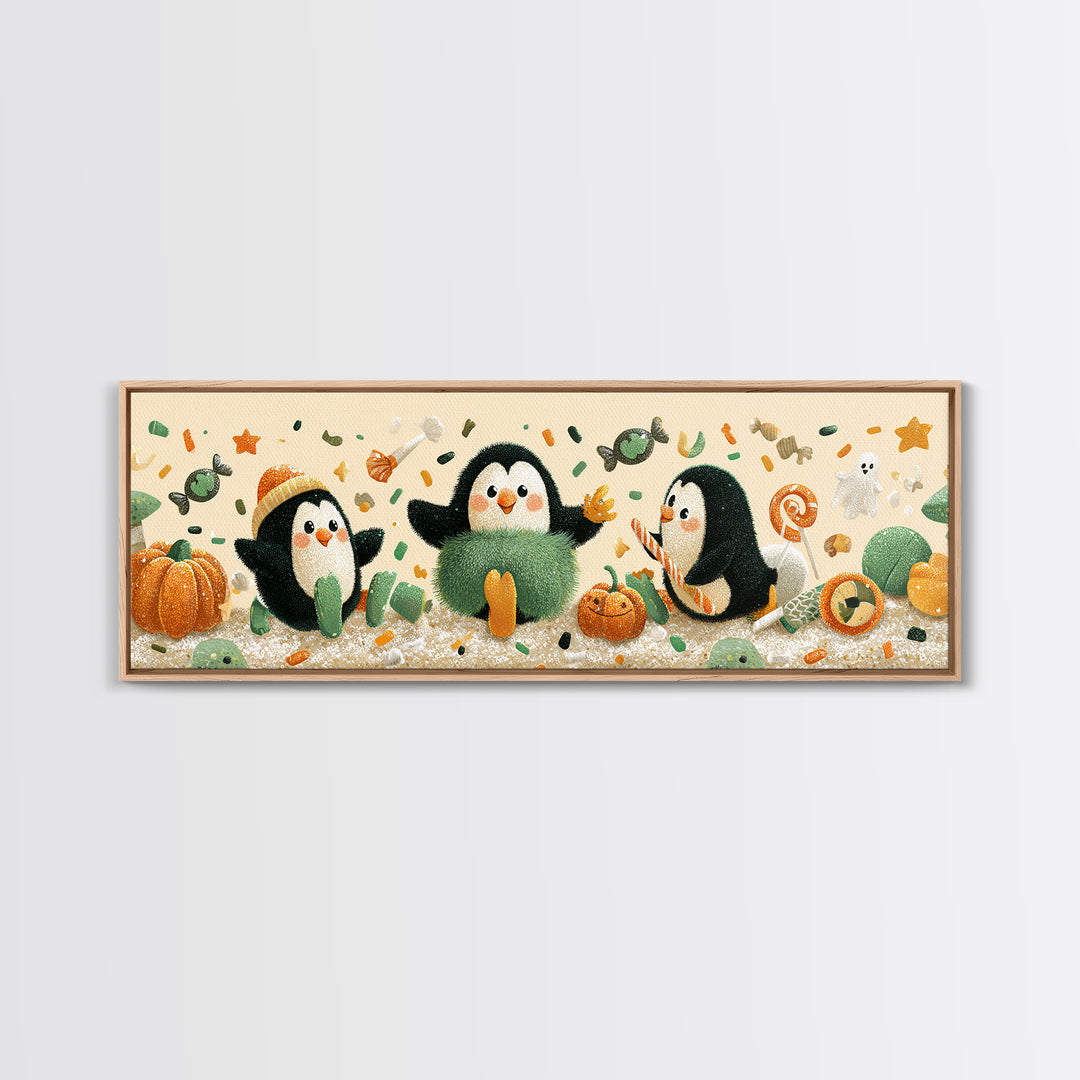 The Penguin Monster, Plush Halloween Art, Extra Wide Wall Art, Canvas Print, Cute Halloween Wall Art
