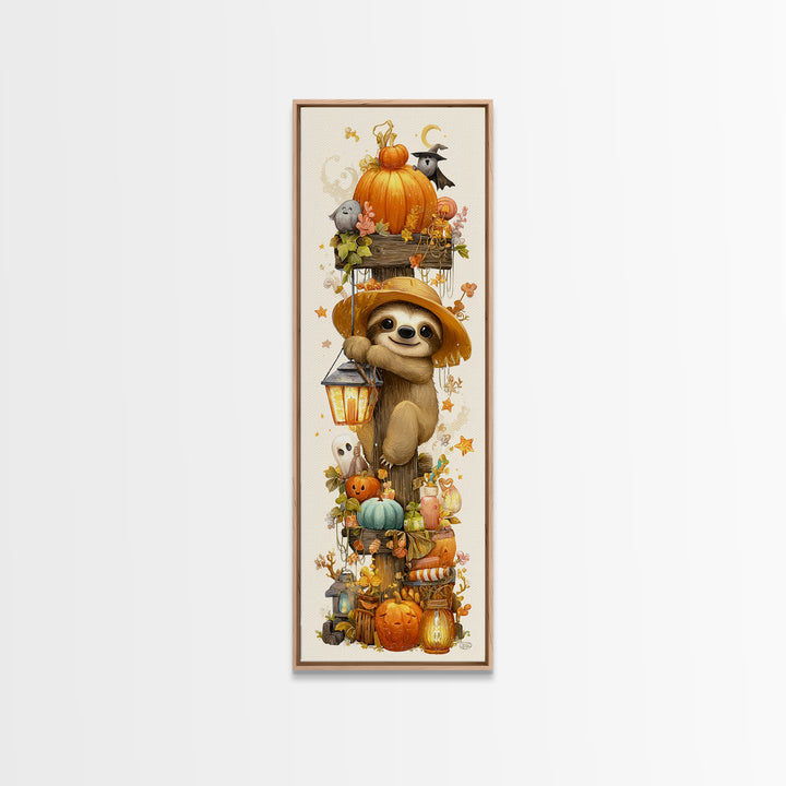 The Scarecrow Sloth, Kawaii Halloween Art, Tall Narrow Wall Art, Framed Canvas Print, Cute Halloween Wall Art
