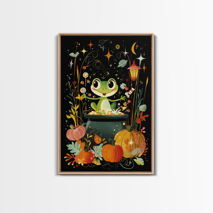 The Cauldron Frog, Retro Halloween Art, Vertical Wall Art, Canvas Print, Cute Halloween Wall Art, Whimsical Nursery Decor
