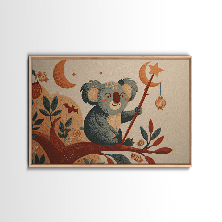 The Koala Wizard, Screenprint Halloween Art, Landscape Wall Art, Framed Canvas Print, Cute Halloween Wall Art