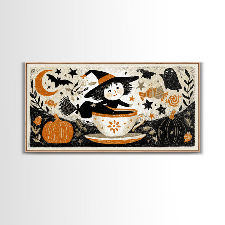 The Teacup Witch, Linocut Halloween Art, Wide Panoramic Art, Framed Canvas Print, Cute Halloween Wall Art
