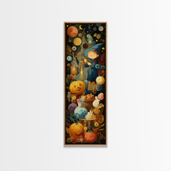 The Bubble Potion Apprentice, Quilled Halloween Art, Tall Narrow Wall Art, Framed Canvas Print, Cute Halloween Wall Art