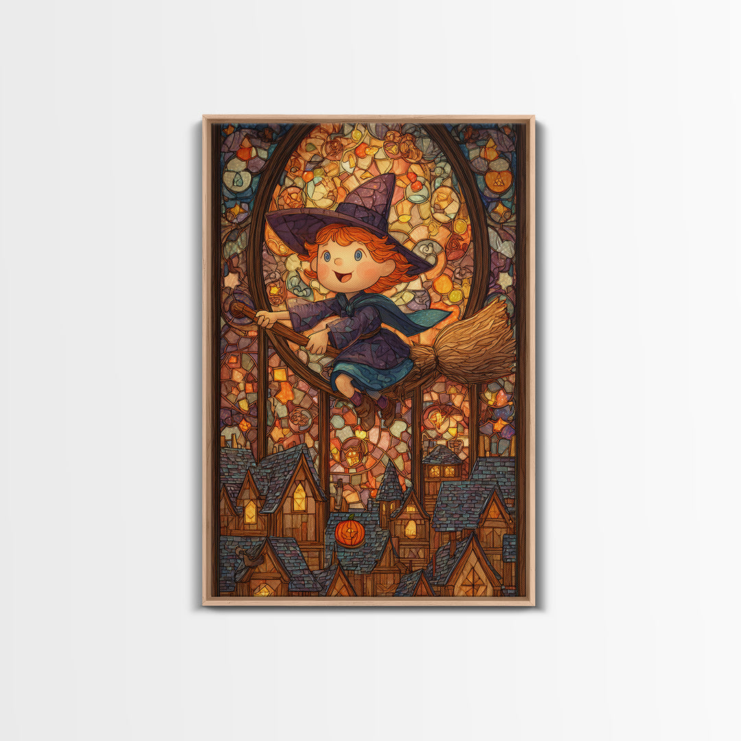 The Witch With A Balloon Broom, Stained Glass Halloween, Vertical Wall Art, Canvas Print, Cute Halloween Wall Art