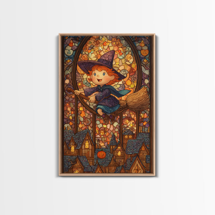 The Witch With A Balloon Broom, Stained Glass Halloween, Vertical Wall Art, Canvas Print, Cute Halloween Wall Art