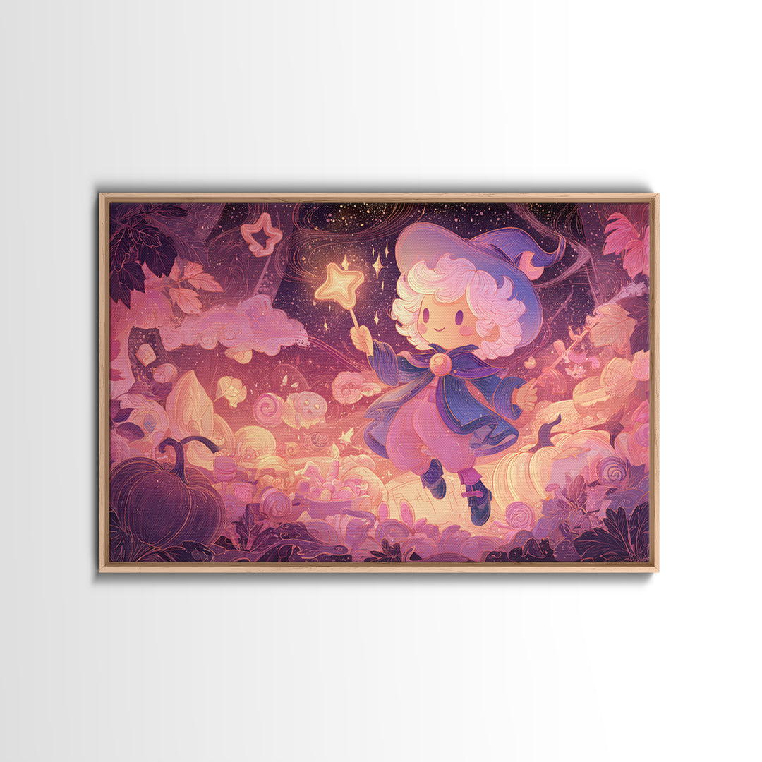 The Cookie Spellcaster, Vaporwave Halloween Art, Landscape Wall Art, Framed Canvas Print, Cute Halloween Wall Art