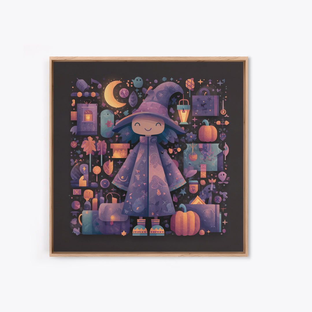 The Moonlight Pajama Witch, Pixel Halloween Art, Square Wall Art, Canvas Print, Cute Halloween Wall Art