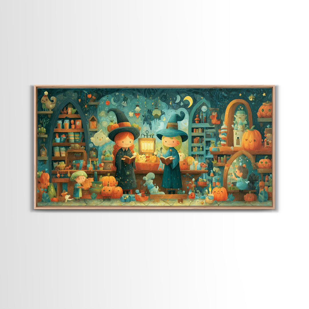 The Tiny Hat Shop Witch, Vector Halloween Art, Wide Panoramic Art, Framed Canvas Print, Cute Halloween Wall Art