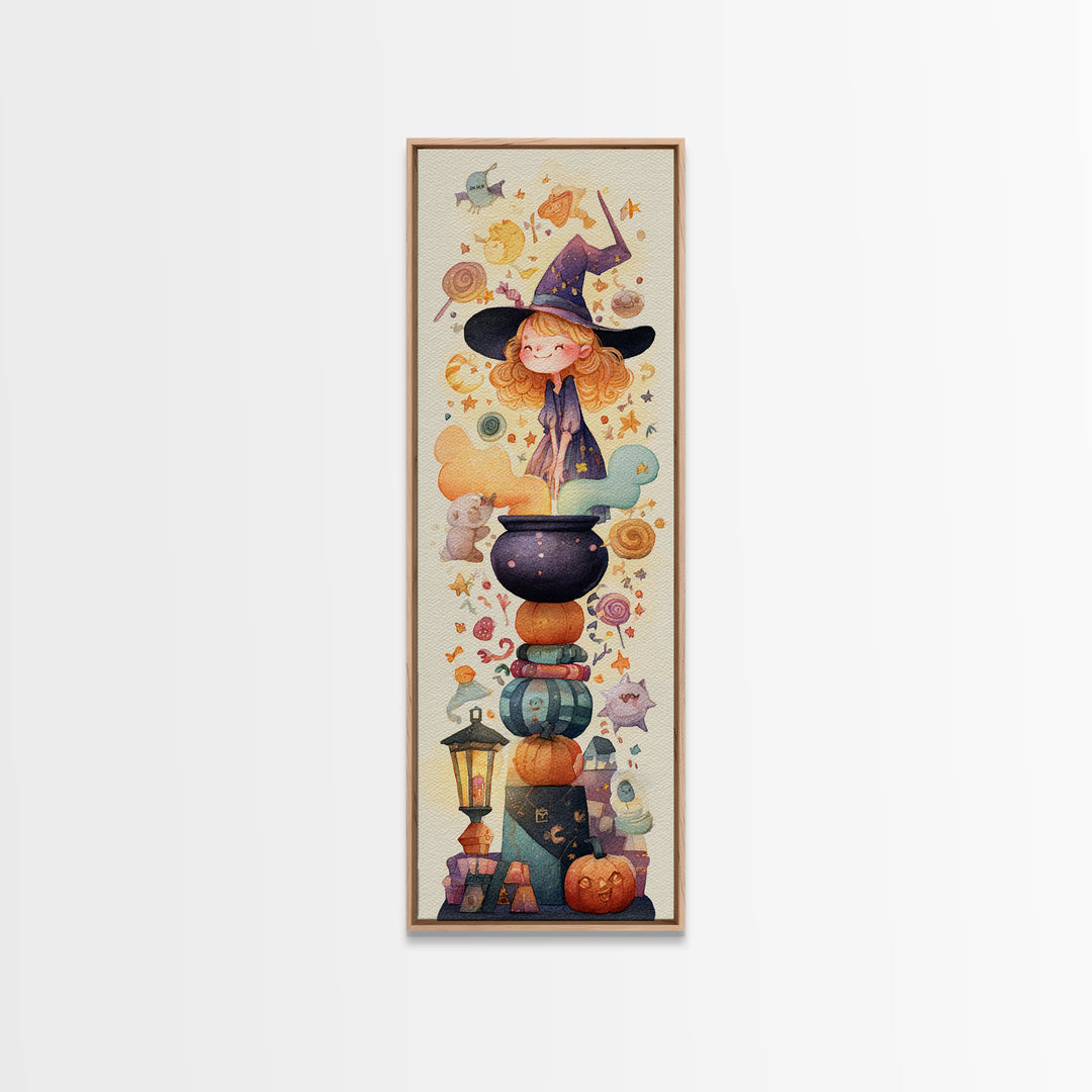 The Rainbow-Cauldron Witch, Watercolor Halloween Art, Tall Narrow Wall Art, Framed Canvas Print, Cute Halloween Wall Art