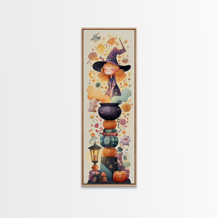 The Rainbow-Cauldron Witch, Watercolor Halloween Art, Tall Narrow Wall Art, Framed Canvas Print, Cute Halloween Wall Art
