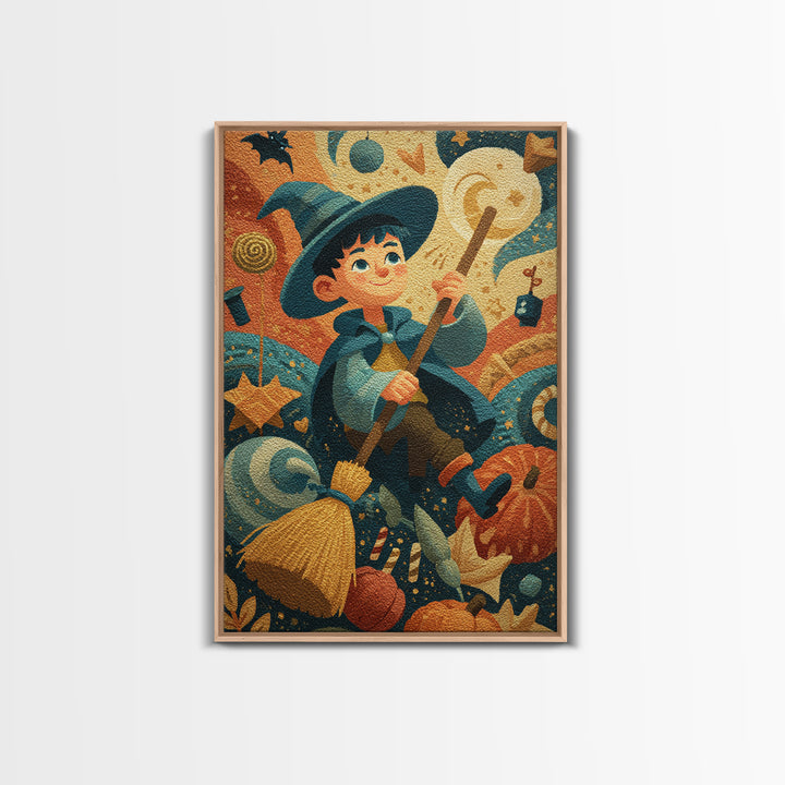 The Stardust Apprentice, Gouache Halloween Art, Vertical Wall Art, Canvas Print, Cute Halloween Wall Art