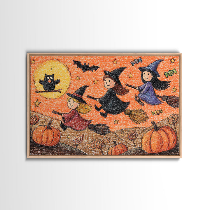 The Broomstick Riding Lesson, Crayon Halloween Art, Landscape Wall Art, Framed Canvas Print, Cute Halloween Wall Art