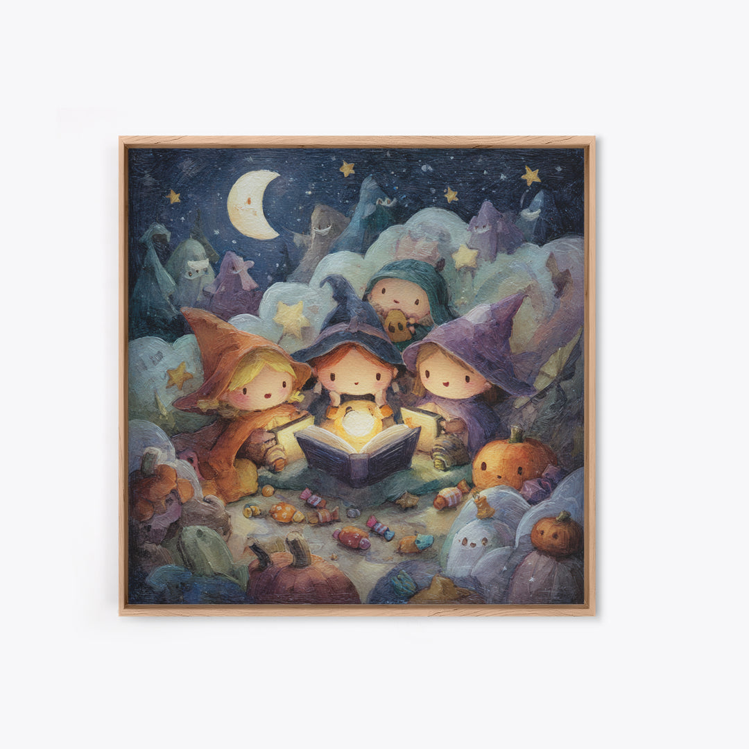 The Spellbook Sleepover, Pastel Halloween Art, Square Wall Art, Canvas Print, Cute Halloween Wall Art