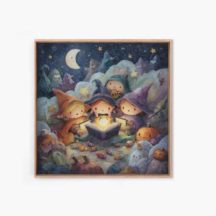 The Spellbook Sleepover, Pastel Halloween Art, Square Wall Art, Canvas Print, Cute Halloween Wall Art