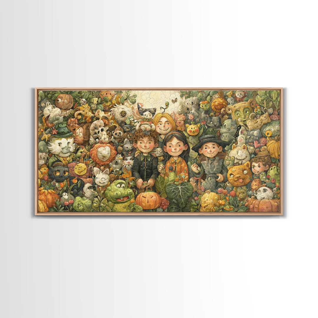 The Friendly Familiar Club, Paper Collage Halloween, Wide Panoramic Art, Framed Canvas Print, Cute Halloween Wall Art