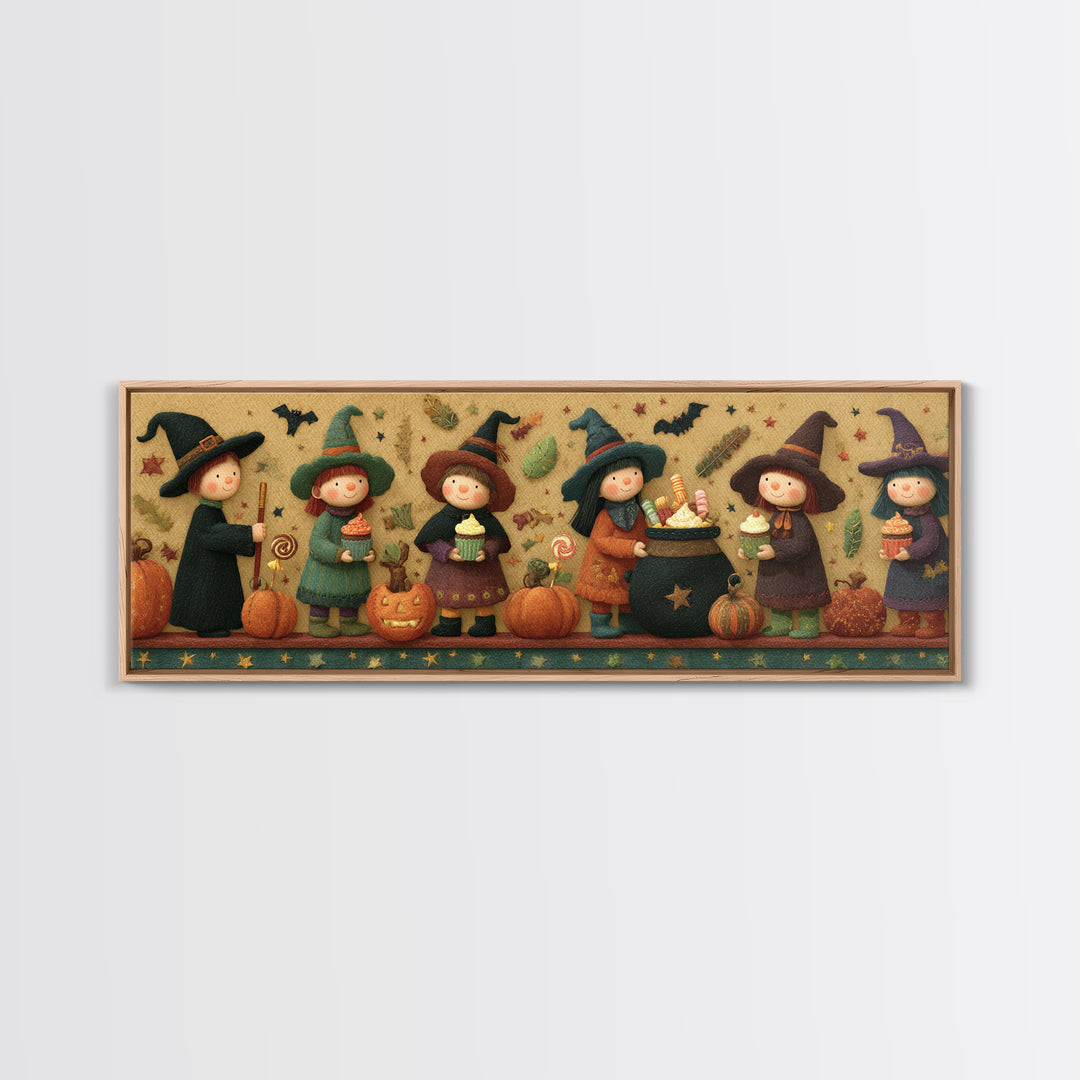 The Cupcake Cauldron Class, Felt Halloween Art, Extra Wide Wall Art, Canvas Print, Cute Halloween Wall Art