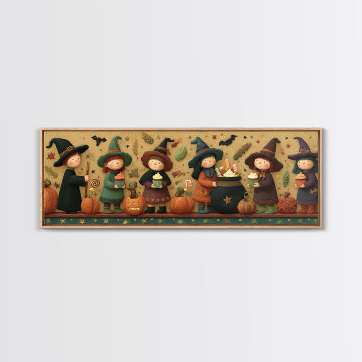 The Cupcake Cauldron Class, Felt Halloween Art, Extra Wide Wall Art, Canvas Print, Cute Halloween Wall Art