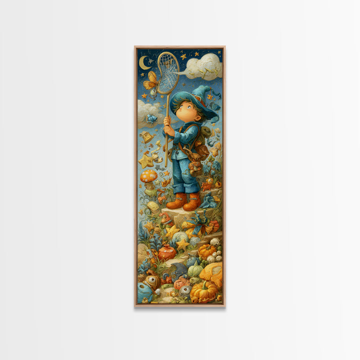 The Cloud-Catching Wizard, Clay Halloween Art, Tall Narrow Wall Art, Framed Canvas Print, Cute Halloween Wall Art