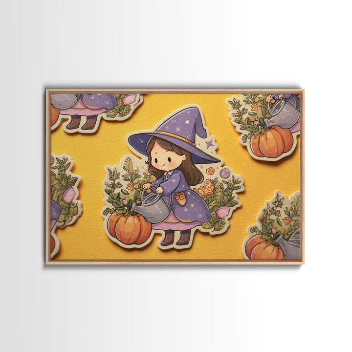 The Moon Garden Witch, Kawaii Halloween Art, Landscape Wall Art, Framed Canvas Print, Cute Halloween Wall Art