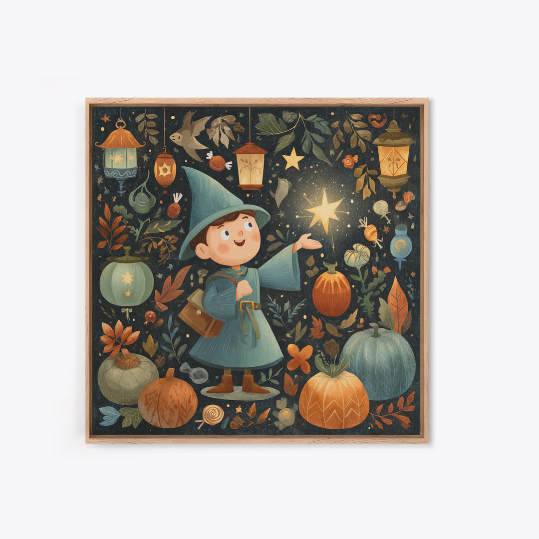 The Lantern-Light Wizard, Retro Halloween Art, Square Wall Art, Canvas Print, Cute Halloween Wall Art
