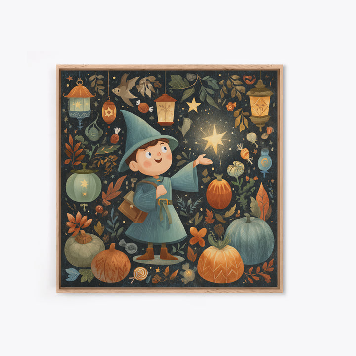 The Lantern-Light Wizard, Retro Halloween Art, Square Wall Art, Canvas Print, Cute Halloween Wall Art