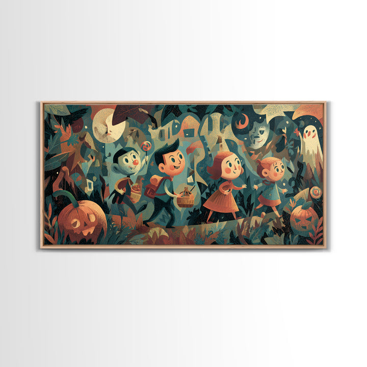 The Candy Map Adventurers, Screenprint Halloween Art, Wide Panoramic Art, Framed Canvas Print, Cute Halloween Wall Art