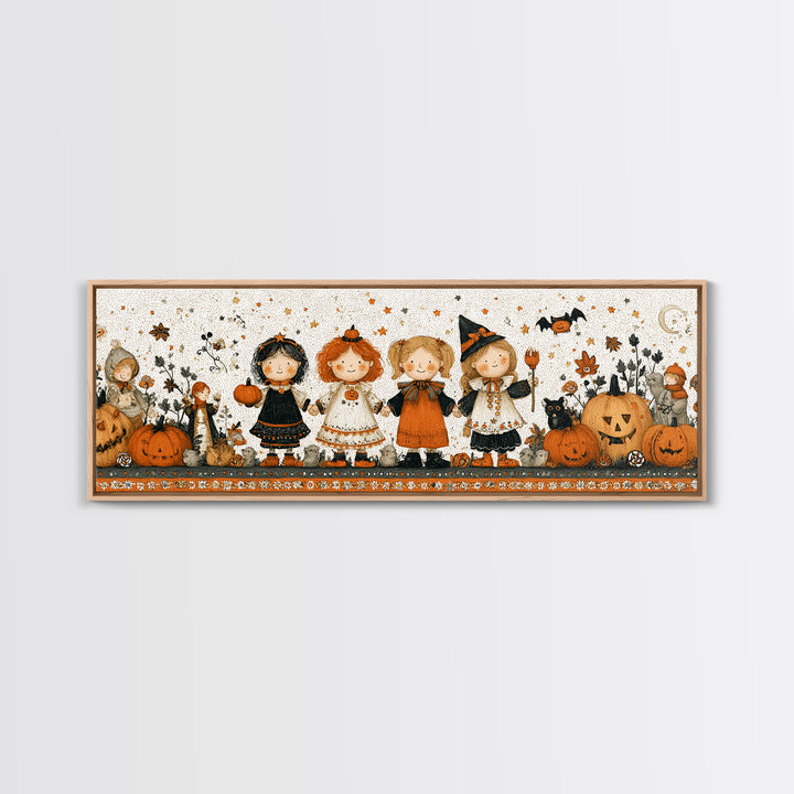 The Halloween Friendship Spell, Folk Halloween Art, Extra Wide Wall Art, Canvas Print, Cute Halloween Wall Art