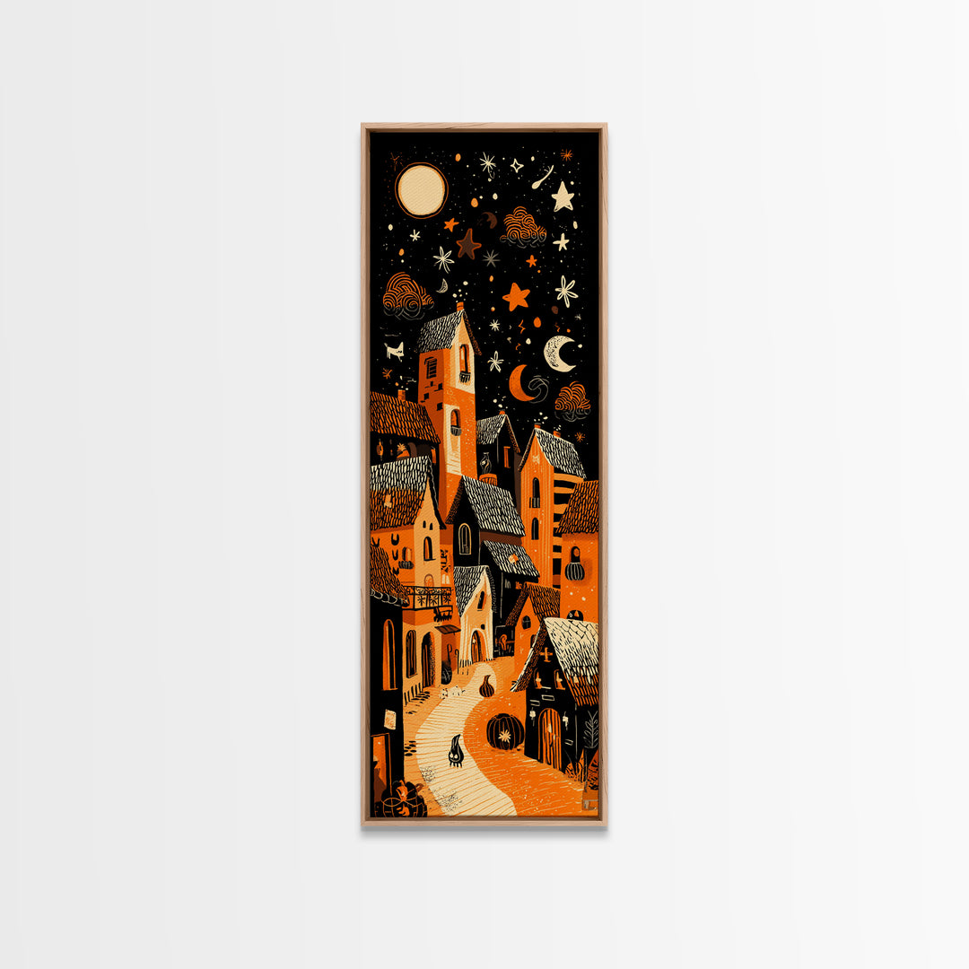 Candy Corn Village, Linocut Halloween Art, Tall Narrow Wall Art, Framed Canvas Print, Cute Halloween Wall Art